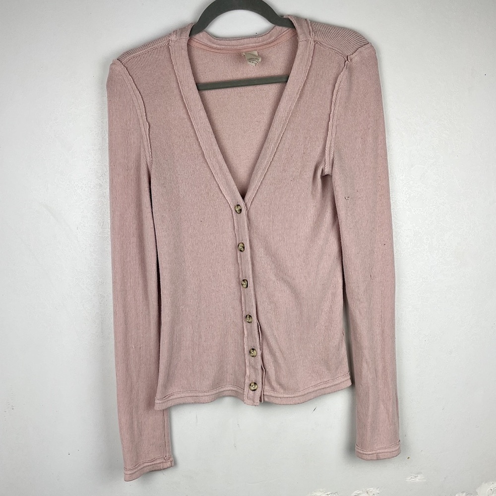 We The Free Call Me Cardigan Sweater Pink V-neck Button Front Long Sleeve Medium